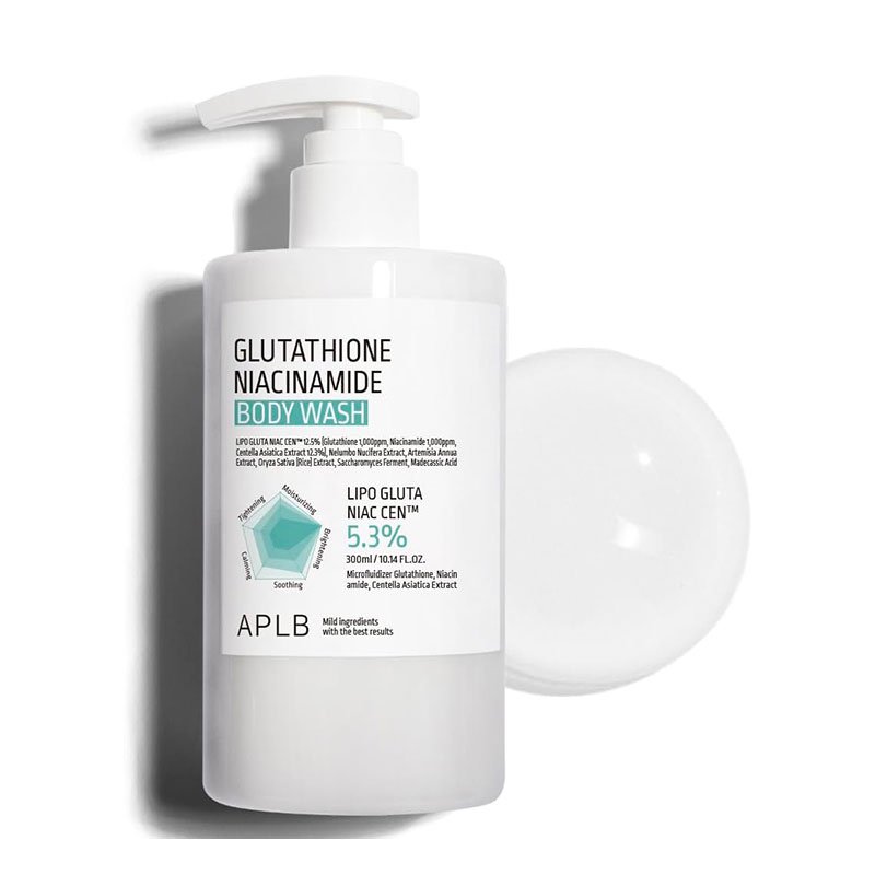 APLB-Glutathione-Niacinamide-Body-Wash-300ml-8 BASIC SUMMARY : Glutathione Niacinamide Body Wash / LIPO GLUTA NIAC CEN 5.3% (Glutathione 1,000ppm, Niacinamide 1,000ppm, Centella Asiatica Extract 5.1%), combined with Centella 3x Complex CENTELLA 3X COMPLEX: The following components of Madecassic Acid, Asiaticoside, and Asiatic Acid come from a leaf called “Centella asiatica”. PRESERVE THE MOISTURE: Infused with Hyaluronic Acid and Beta Glucan SHINE AND GLOW: Infused with Vitamin C, Niacinamide (Vitamin B3 and Nicotinamide) ALLEVIATE FOR SENSITIVE SKIN: Solanum Melongena (Eggplant) extract Made in Korea - Image 1