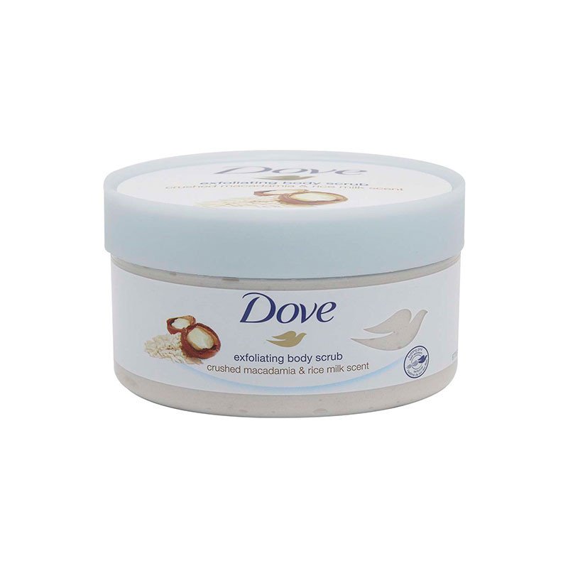 W8jlZN3JoxplZWe5d6VUlPi38P17Bs8M2O0VQGKD Dove Exfoliating Body Scrub Macadamia & Rice Milk 225ml - Image 1